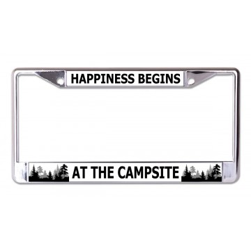 Happiness Begins At The Campsite Chrome License Plate Frame