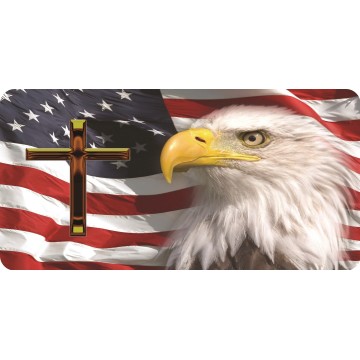 Eagle With Cross On U.S. Flag Photo License Plate