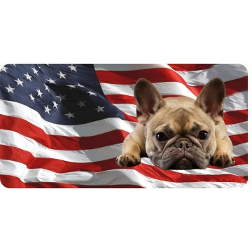 French Bulldog On U.S. Flag Photo License Plate