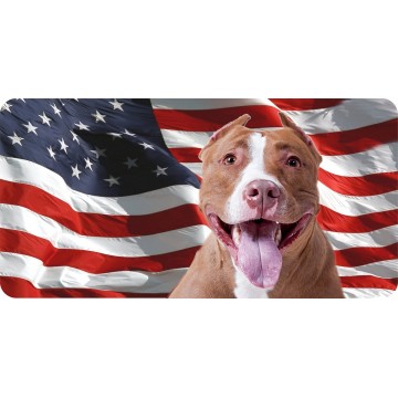 Red Pitbull On U.S. Flag Photo License Plate