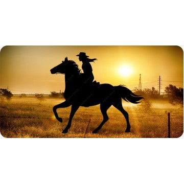 Cowgirl At Sunset Photo License Plate