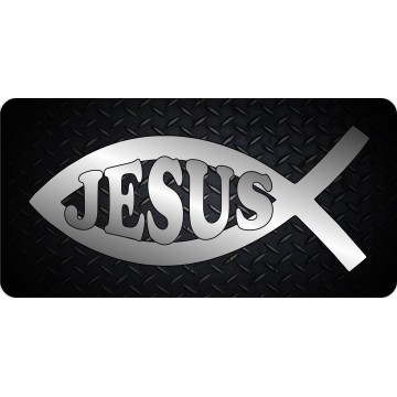 Jesus Fish Chrome On Black Diamond Plate Photo License Plate