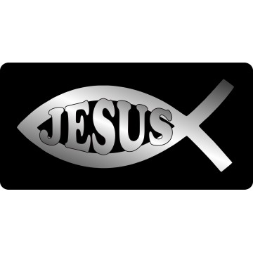 Jesus Fish Chrome On Black Photo License Plate