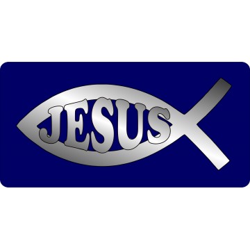Jesus Fish Chrome On Blue Photo License Plate