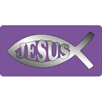 Jesus Fish Chrome On Purple Photo License Plate