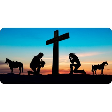 Praying Cowboy And Cowgirl At Cross Centered Photo License Plate