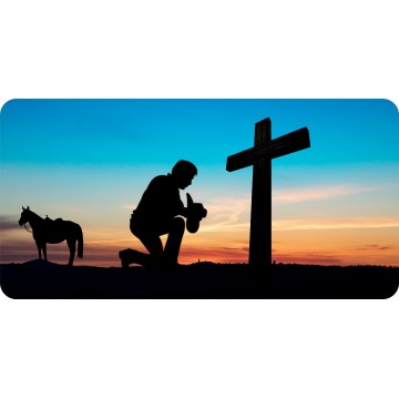 Praying Cowboy At Cross Photo License Plate