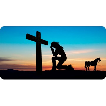 Praying Cowgirl At Cross Photo License Plate