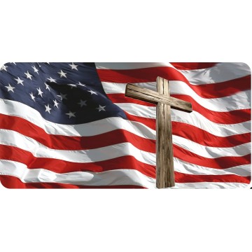 Wooden Cross On U.S. Flag Metal License Plate