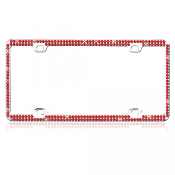 Chrome With Double Row Red Diamonds License Plate Frame