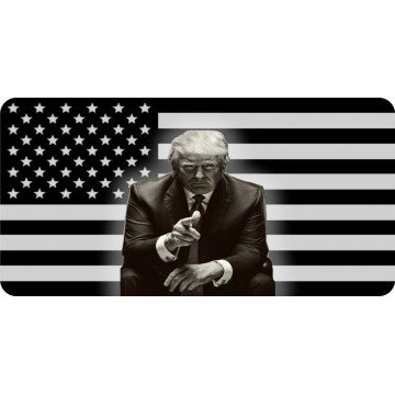 Trump On Black And White U.S. Flag Photo License Plate