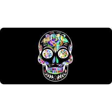 Sugar Skull Design On Black Photo License Plate