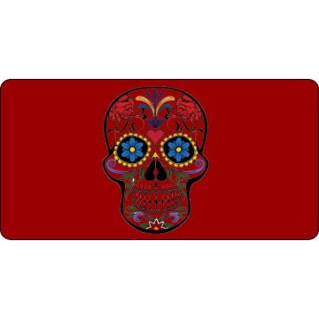 Sugar Skull Design On Red Photo License Plate