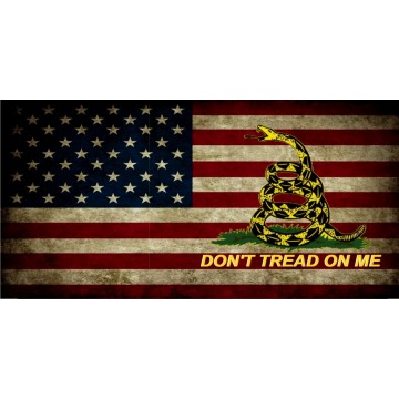 Don't Tread On Me On Worn U.S. Flag Photo License Plate