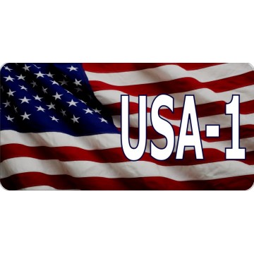 USA 1 On Wavy American Flag #2 Photo License Plate