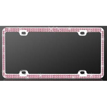 Chrome Coating Metal With Two Rows Of Pink Diamonds License Plate Frame 