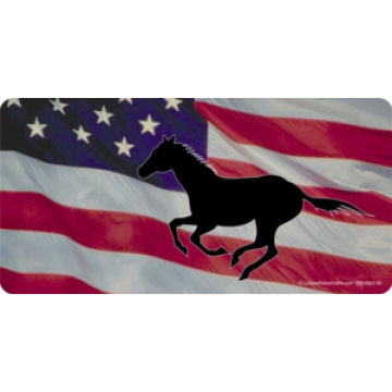 Galloping Horse Silhouette Mustang on US Flag Photo License Plate 