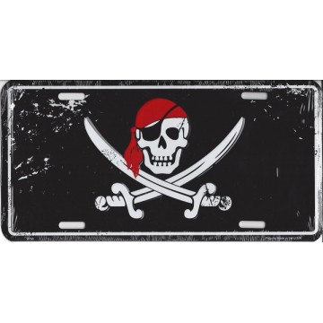 Pirate Skull And Crossbones Black Metal License Plate 