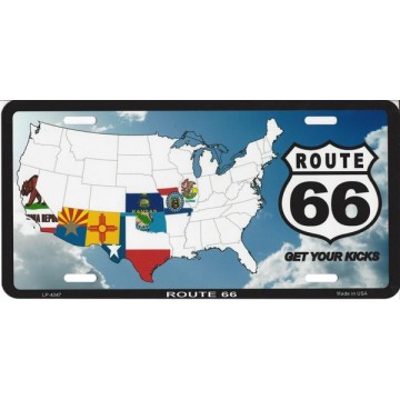 Route 66 With State Flags Metal License Plate 