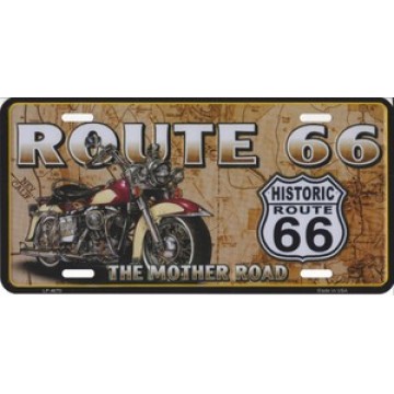 Route 66 With Motorcycle Metal License Plate 