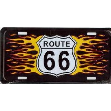 Route 66 With Flames Metal License Plate 