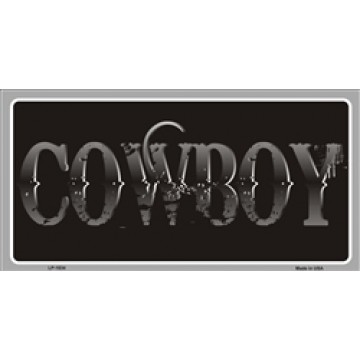 Cowboy On Black Metal License Plate 