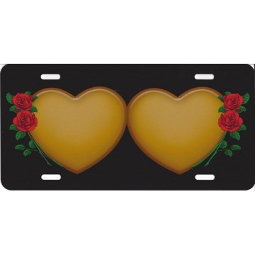 Double Hearts Roses Gold License Plate 