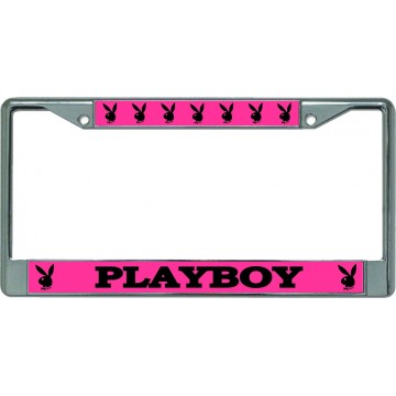 Playboy Pink On Black Chrome License Plate Frame