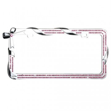 Double Row Pink Bling Bow And Ribbon Chrome License Plate Frame
