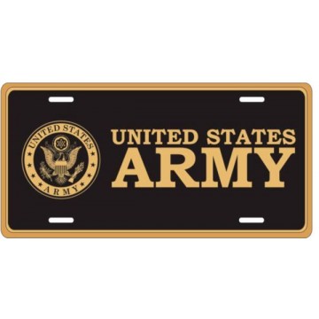 United States Army Crest In Gold On Black Metal License Plate