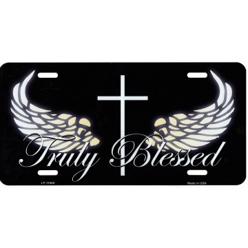 Truly Blessed With Cross And Wings Metal License Plate