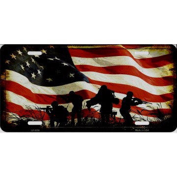 Soldiers On American Flag Metal License Plate