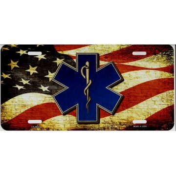 EMT Logo On American Flag Metal License Plate