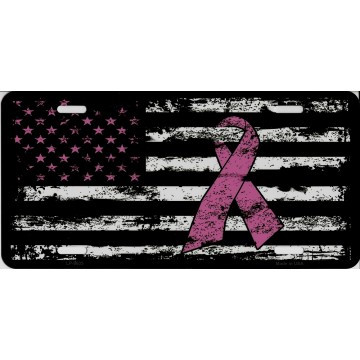 United States Flag With Pink Ribbon And Stars Metal License Plate