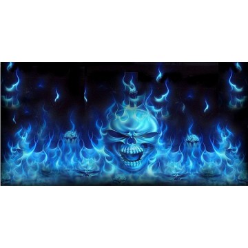 Blue Flaming Skulls Photo License Plate