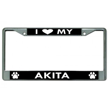 I Heart My Akita Dog Chrome License Plate Frame