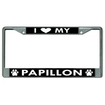 I Heart My Papillon Dog Chrome License Plate Frame