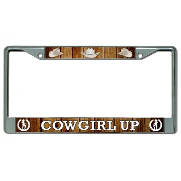 Cowgirl Up Chrome License Plate Frame