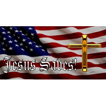 Jesus Saves On American Flag With Gold Cross Photo License Plate