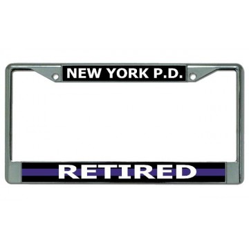 New York P.D. Thin Blue Line Retired Chrome License Plate Frame