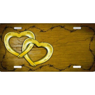 Double Horseshoe Hearts Wood Offset Photo License Plate