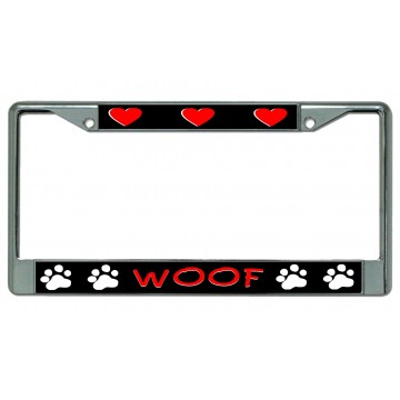 Woof Paw Prints And Hearts Chrome License Plate Frame