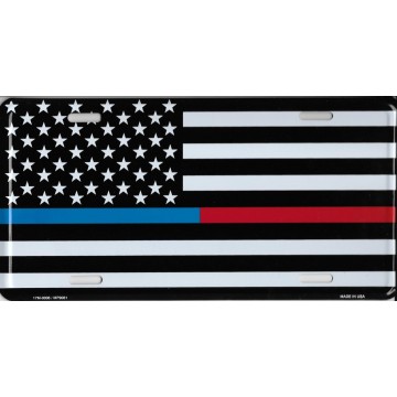 Thin Blue & Red Line American Flag Metal License Plate