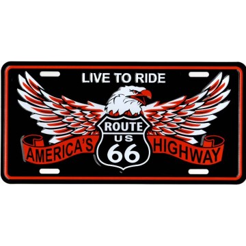 Route 66 Live To Ride Eagle Metal License Plate