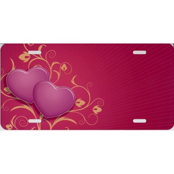 Offset Hearts With Filigree Pink License Plate