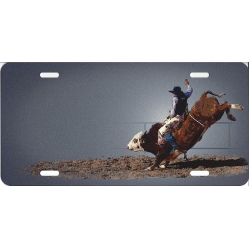 Offset Bull Rider On Grey License Plate