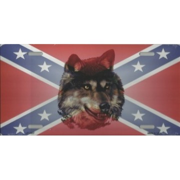 Confederate Rebel Flag With Wolf Metal License Plate